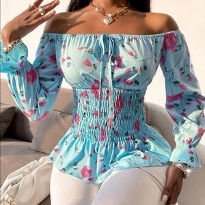 Sexy Floral Print Knot Front Shirred Blouse